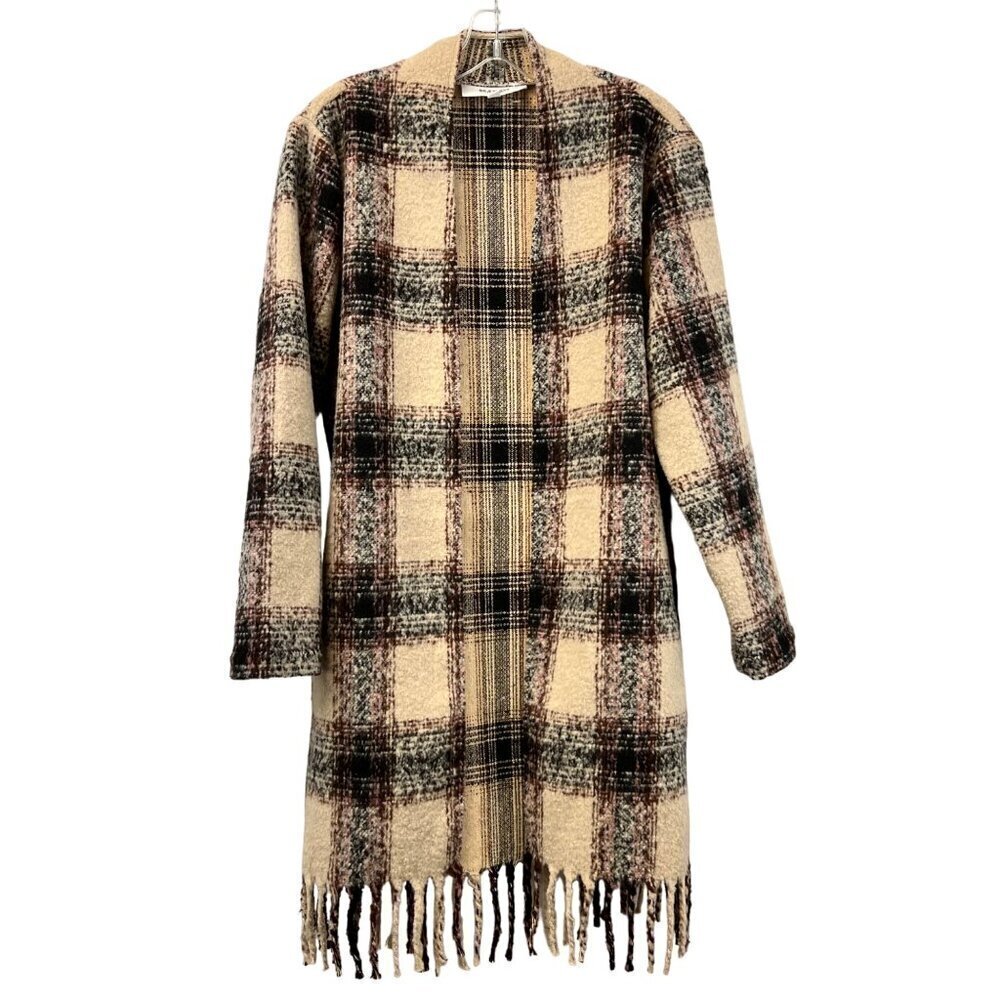 BB Dakota Steve Madden Open Front Fringed Plaid Duster Jacket Size Small
